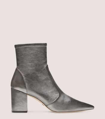 Stuart Weitzman,Stuart 75 Block Stretch Bootie,Bootie,Metallic Stretch Nappa Leather,Gunmetal,Front View