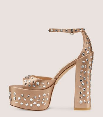 Stuart Weitzman,STARDUST SKYHIGH 145 PLATFORM SANDAL,Satin,Leather,Sandals,Crystal,Embellished,Rhinestones,Party,Beige