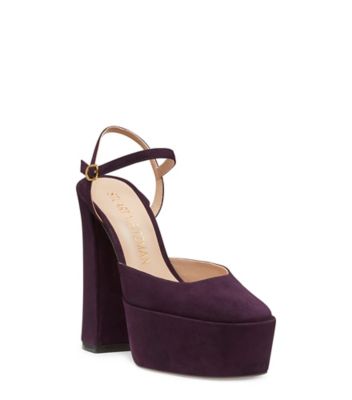 Stuart Weitzman,Skyhigh 145 Ankle-Strap Platform Pump,Pump,Suede,Aubergine Purple