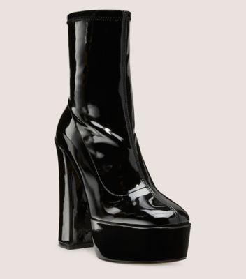 Stuart Weitzman,SKYHIGH 145 PLATFORM BOOTIE,Vinyl,Leather,Bootie,Party,Black