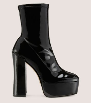 Stuart Weitzman,SKYHIGH 145 PLATFORM BOOTIE,Vinyl,Leather,Bootie,Party,Black