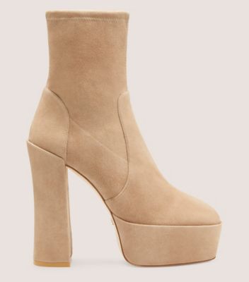 Stuart Weitzman,SKYHIGH 145 PLATFORM BOOTIE,Suede,Leather,Bootie,Party,Beige,Front View