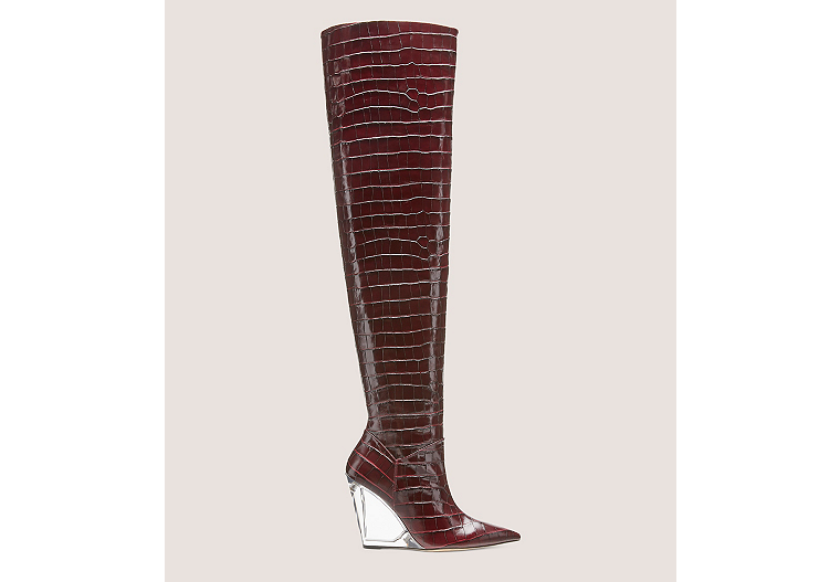 Stuart Weitzman,Lucite 100 Wedge Boot,Boot,Croc embossed leather,Plum,Front View