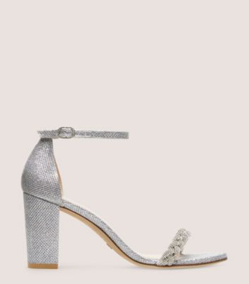 Stuart Weitzman,NEARLYNUDE HIGHSHINE SANDAL,Leather,Sandals,Crystal,Braided,Embellished,Glitter,Rhinestones,Cocktail,Metallic,Silver,Front View