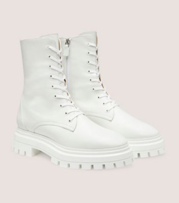 Stuart Weitzman,BEDFORD SLEEK LACE-UP BOOTIE,Bootie,Leather,White,Angle View