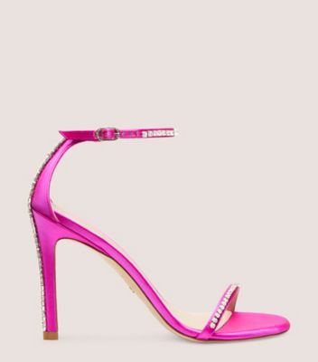 Stuart Weitzman,Nudistglam 100 Sandal,Sandal,Satin & crystal,Flamingo & Clear,Front View