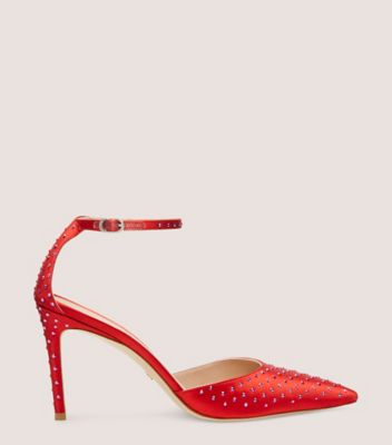 Stuart Weitzman,Stuart Shine 85 Strap Pump,Pump,Satin & crystal,Lipstick Red/Light Siam Shmmr,Front View