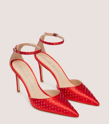 Stuart Weitzman,Stuart Shine 85 Strap Pump,Pump,Satin & crystal,Lipstick Red/Light Siam Shmmr,Angle View