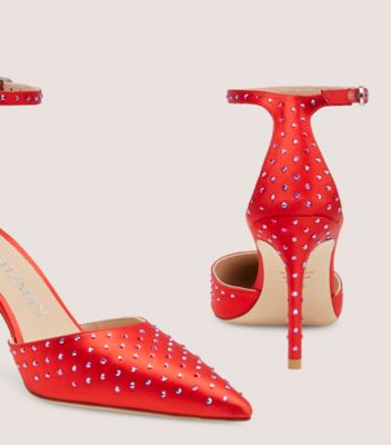 Stuart Weitzman,Stuart Shine 85 Strap Pump,Pump,Satin & crystal,Lipstick Red/Light Siam Shmmr,Detailed View