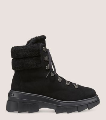 Stuart Weitzman,Noho Hiker Chill Bootie,Bootie,Hydro sport suede & shearling,Black,Front View