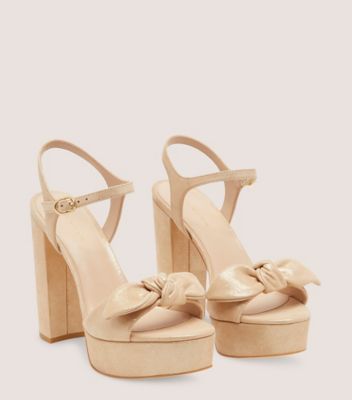 Stuart Weitzman,BANDEAU 130 PLATFORM SANDAL,Leather,Suede,Rubber,Sandals,Bow,Party,Beige,Angle View