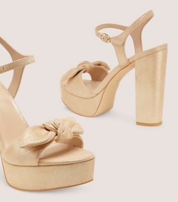 Stuart Weitzman,Bandeau 130 Platform Sandal,Sandal,Shimmering suede,Platino Gold,Detailed View