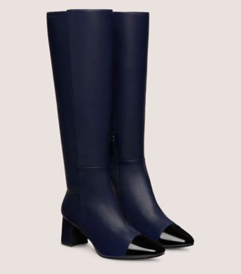 Stuart Weitzman,MILLA 60 KNEE-HIGH BOOT,Boot,Nappa & patent leather,Navy Blue & Black,Angle View