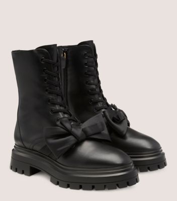 Stuart Weitzman,Bedford Loveknot Bootie,Bootie,Smooth leather & silk blend,Black,Angle View