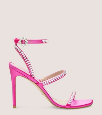 Stuart Weitzman,GEMCUT 100 STRAPPY SANDAL,Leather,Satin,Sandals,Crystal,Embellished,Rhinestones,Silver Metal,Cocktail,Fuchsia,Front View