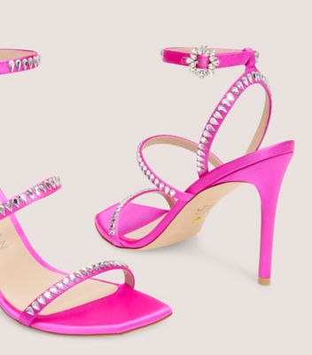 Stuart Weitzman,GEMCUT 100 STRAPPY SANDAL,Leather,Satin,Sandals,Crystal,Embellished,Rhinestones,Silver Metal,Cocktail,Fuchsia,Detailed View