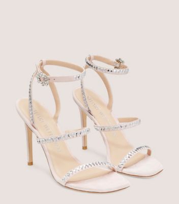 Stuart Weitzman,GEMCUT 100 STRAPPY SANDAL,Leather,Suede,Sandals,Crystal,Embellished,Rhinestones,Silver Metal,Formal,Cream,Angle View