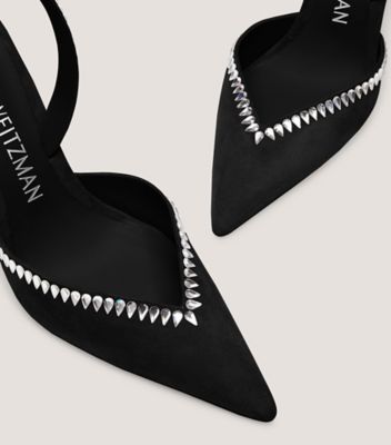 Stuart Weitzman,GEMCUT XCURVE 100 SLINGBACK PUMP,Suede,Leather,Pumps,Crystal,Rhinestones,Cocktail,Black