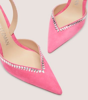 Stuart Weitzman,GEMCUT XCURVE 100 SLINGBACK PUMP,Suede,Leather,Pumps,Crystal,Rhinestones,Cocktail,Fuchsia,Detailed View