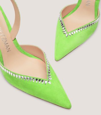 Stuart Weitzman,GEMCUT XCURVE 100 SLINGBACK PUMP,Suede,Leather,Pumps,Crystal,Rhinestones,Cocktail,Green,Detailed View