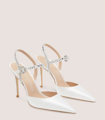 Stuart Weitzman,Gemcut 100 Ankle Strap Pump,Pump,Satin,White,Angle View