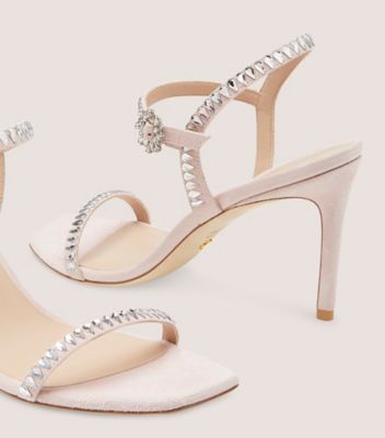 Stuart Weitzman,GEMCUT 85 SANDAL,Suede,Sandals,Crystal,Embellished,Rhinestones,Silver Metal,Formal,Pink