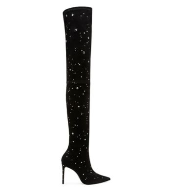 Stuart Weitzman,Ultrastuart Cosmic 100 Boot,Boot,Stretch satin & crystal,Black & Clear