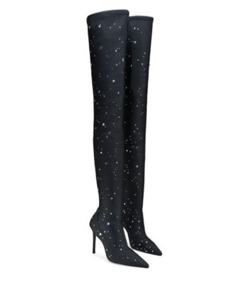 Stuart Weitzman,Ultrastuart Cosmic 100 Boot,Boot,Stretch satin & crystal,Black & Clear