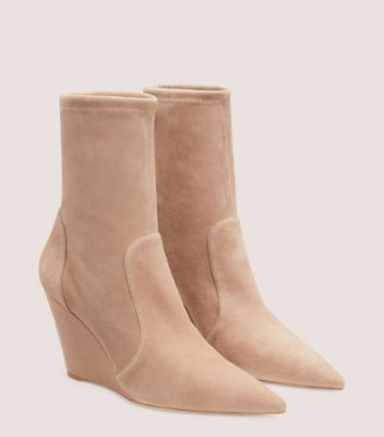 Stuart Weitzman,STUART WEDGE 85 SOCK BOOTIE,Suede,Leather,Bootie,Sock,Day Party,Brown