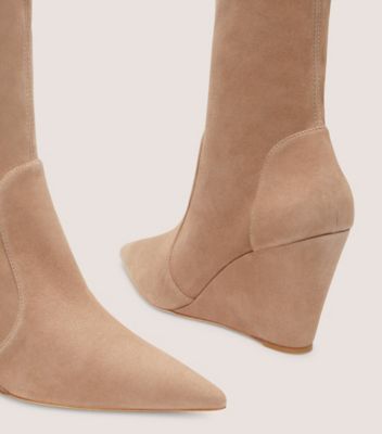 Stuart Weitzman,STUART WEDGE 85 SOCK BOOTIE,Suede,Leather,Bootie,Sock,Day Party,Brown
