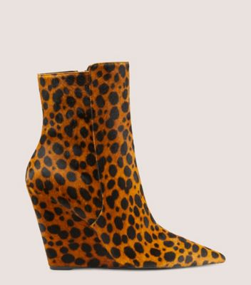 Stuart Weitzman,Stuart Wedge 100 Zip Bootie,Bootie,Spotted cheetah calf hair,Toffee,Front View