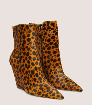 Stuart Weitzman,Stuart Wedge 100 Zip Bootie,Bootie,Spotted cheetah calf hair,Toffee,Angle View