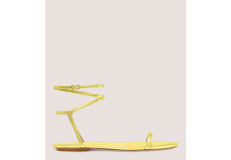 Stuart Weitzman,Sandale plate Barelynude,Sandal,Cuir métallique liquide,Lime des Keys,Front View