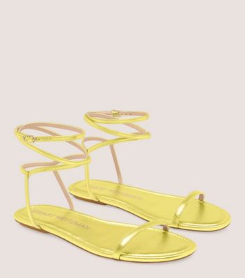 Stuart Weitzman,Barelynude Flat Sandal,Sandal,Liquid Metallic Leather,Key Lime,Angle View