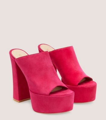 Stuart Weitzman,SKYHIGH 145 PLATFORM SLIDE,Leather,Suede,Slides,Party,Fuchsia,Angle View