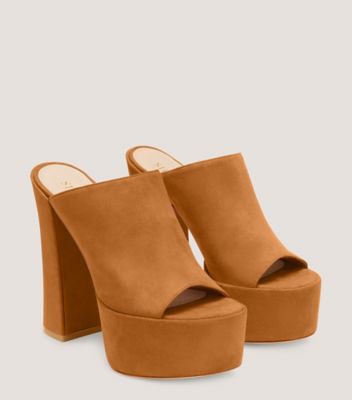 Stuart Weitzman,SKYHIGH 145 PLATFORM SLIDE,Leather,Suede,Slides,Party,Brown