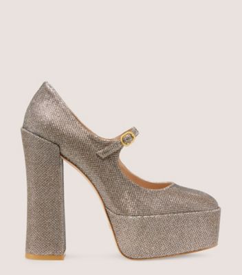 Stuart Weitzman,SKYHIGH 145 MARY JANE PLATFORM PUMP,Leather,Pumps,Embellished,Glitter,Party,Metallic,Silver