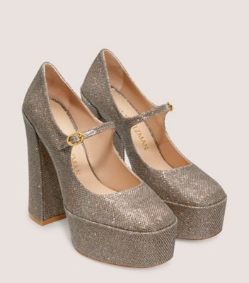Stuart Weitzman,SKYHIGH 145 MARY JANE PLATFORM PUMP,Leather,Pumps,Embellished,Glitter,Party,Metallic,Silver