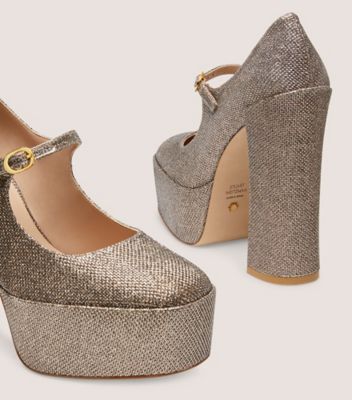 Stuart Weitzman,SKYHIGH 145 MARY JANE PLATFORM PUMP,Leather,Pumps,Embellished,Glitter,Party,Metallic,Silver