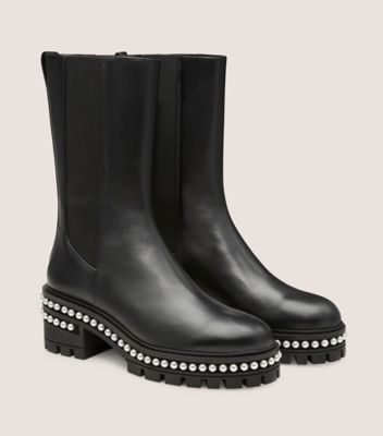 Stuart Weitzman,SOHO PEARL CHELSEA BOOTIE,Leather,Rubber,Chelsea Boots,Pearl,Pull Tab,Elastic Gore,Party,Black,Angle View