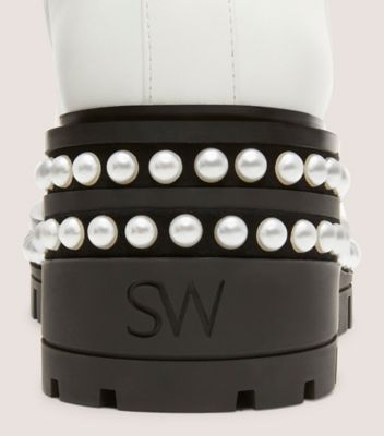 Stuart Weitzman,SOHO PEARL CHELSEA BOOTIE,Leather,Rubber,Chelsea Boots,Pearl,Pull Tab,Elastic Gore,Party,White