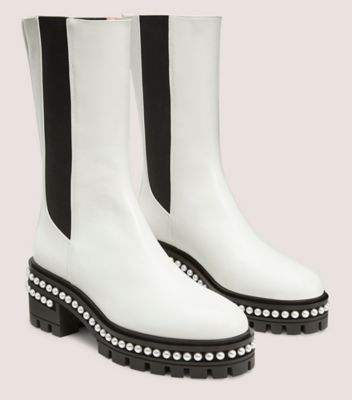 Stuart Weitzman,SOHO PEARL CHELSEA BOOTIE,Leather,Rubber,Chelsea Boots,Pearl,Pull Tab,Elastic Gore,Party,White