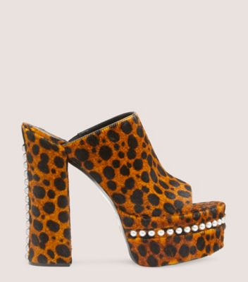 Stuart Weitzman,Mule avec perles Skyhigh 145,Sandal,Cuir de veau cheetah tacheté,Caramel anglais