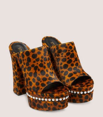 Stuart Weitzman,Mule avec perles Skyhigh 145,Sandal,Cuir de veau cheetah tacheté,Caramel anglais