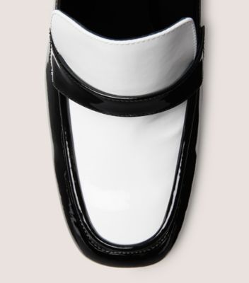 Stuart Weitzman,SLEEK 85 LOAFER,Loafer,Patent leather,Black & White,top down View