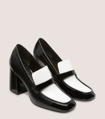 Stuart Weitzman,SLEEK 85 LOAFER,Loafer,Patent leather,Black & White,Angle View