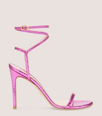 Stuart Weitzman,Barelynude 100 Wrap Sandal,Sandal,Metallic snake embossed leather,Azalea,Front View