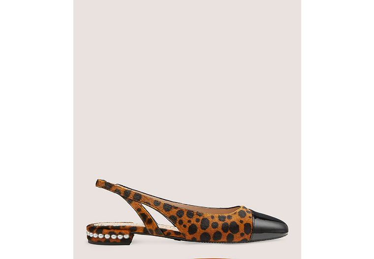 Stuart Weitzman,Pearl Slingback,Flat,Spotted cheetah calf hair & patent,Toffee & Black,Front View