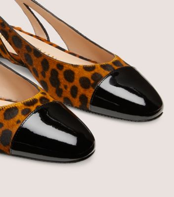 Stuart Weitzman,Pearl Slingback,Flat,Spotted cheetah calf hair & patent,Toffee & Black