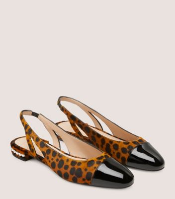 Stuart Weitzman,Pearl Slingback,Flat,Spotted cheetah calf hair & patent,Toffee & Black,Angle View